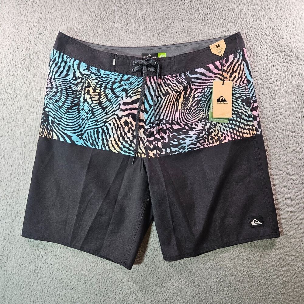 NWT Quiksilver‎ Board Shorts Swim Trunks Men 36 No Liner 20" Green Pattern Black